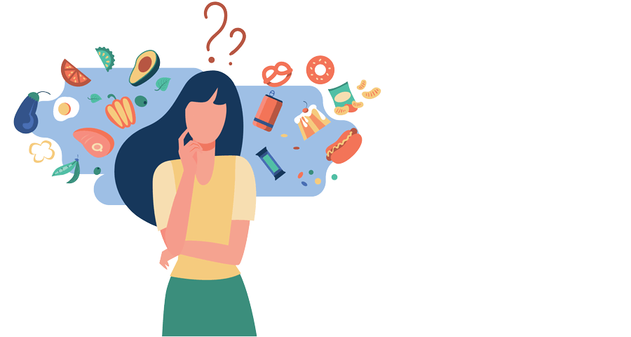 FAQ om kostplan, fristelser og motivation Tegning af kvinder, der tænker på mad - spørgsmål om fristelser og motivation